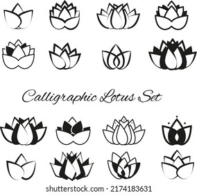 Iconos web de loto de estilo caligráfico. Los símbolos florales del logo están colocados en blanco. Colección vectorial de símbolos de loto pintados con tinta negra. 