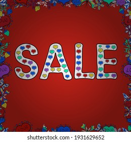 Of calligraphy summer sale, favourite brands. Seamless. Vector. Friday, magic sale, logotype, print, text for sell out, clearance sale, closeout, giveaway. Lettering in black, white and red colors.