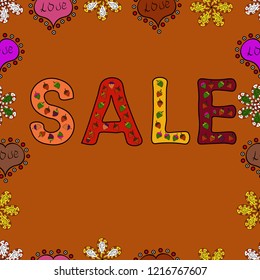 Of calligraphy summer sale. Lettering in red, black and orange colors. Vector. Seamless. Friday, magic sale, logotype, print, text for sell out, clearance sale, closeout, giveaway, promo of fashion.