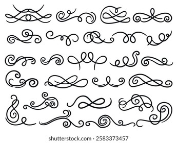 Calligraphy swirls. Decorative elements. Twisted lines. Vintage ornamental curls. Invitation embellishment. Certificate vignette. Flourish divider. Menu designs. Splendid