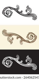 Calligraphy swirls, ornate motifs and scrolls design elements. Vintage damask filigree wedding scroll floral ornaments. Engraving retro pattern. Vector illustration. For decoration, cards, invitation
