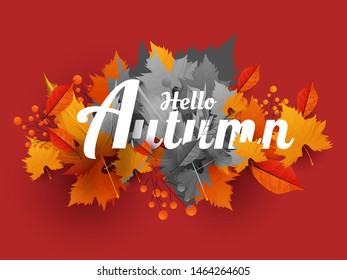 Texto de caligrafía Hola otoño sobre hojas coloridas abstractas sobre fondo rojo se puede usar como afiche o diseño de tarjeta.