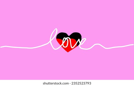 Calligraphy text "Love" with black red heart shape isolated on pink background. Minimalist art style template design.