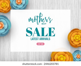 Calligraphy text  Mohter's Day decorated with beautiful yellow and blue flowers. Sale Banner or Sale Poster Design Concept.