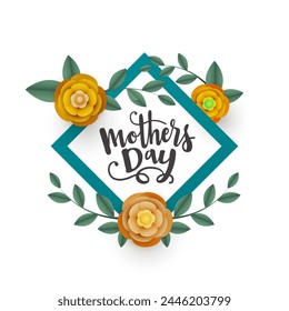 Calligraphy text Mohter's Day decorated with beautiful flowers and green leafs. 
