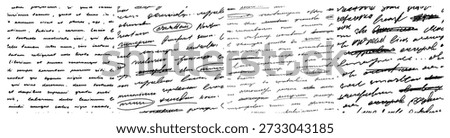 Calligraphy text script seamless pattern set. Handwriting illegible text background with strike through and messy letters. Hand drawn pen script seamless pattern. English unreadable letters.