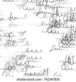 Calligraphy Text Seamless Pattern. Hand Drawn Ink Vector Illustration. Handwritten Signs and Abstract Letters Sketch. Calligraphic Print Design for Fabric, Cover, Ad, Packaging, Fashion Background