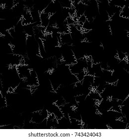 Calligraphy Text Seamless Pattern. Hand Drawn Dark Vector Illustration. Handwritten Signs and Abstract Letters Sketch. Calligraphic Print Design for Fabric, Cover, Ad, Packaging, Fashion Background