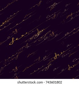 Calligraphy Text Seamless Pattern. Hand Drawn Ink Vector Illustration. Handwritten Signs and Abstract Letters Sketch. Calligraphic Print Design for Fabric, Cover, Ad, Packaging, Fashion Background
