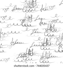 Calligraphy Text Seamless Pattern. Hand Drawn Ink Vector Illustration. Handwritten Signs and Abstract Letters Sketch. Calligraphic Print Design for Fabric, Cover, Ad, Packaging, Fashion Background