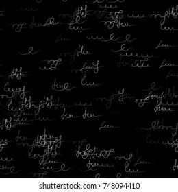 Calligraphy Text Seamless Pattern. Hand Drawn Dark Vector Illustration. Handwritten Signs and Abstract Letters Sketch. Calligraphic Print Design for Fabric, Cover, Ad, Packaging, Fashion Background