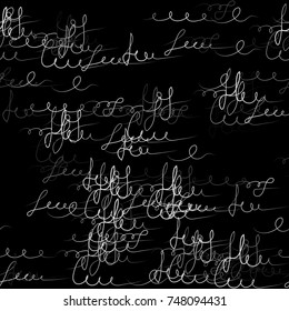 Calligraphy Text Seamless Pattern. Hand Drawn Dark Vector Illustration. Handwritten Signs and Abstract Letters Sketch. Calligraphic Print Design for Fabric, Cover, Ad, Packaging, Fashion Background