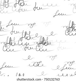 Calligraphy Text Seamless Pattern. Hand Drawn Ink Vector Illustration. Handwritten Signs and Abstract Letters Sketch. Calligraphic Print Design for Fabric, Cover, Ad, Packaging, Fashion Background