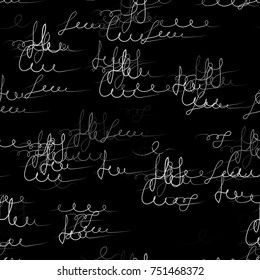 Calligraphy Text Seamless Pattern. Hand Drawn Dark Vector Illustration. Handwritten Signs and Abstract Letters Sketch. Calligraphic Print Design for Fabric, Cover, Ad, Packaging, Fashion Background