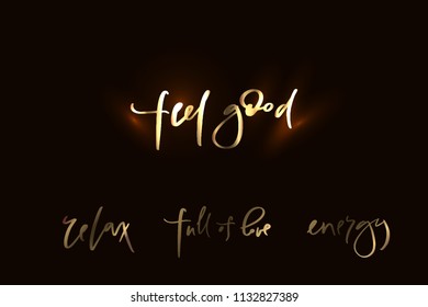 Calligraphy text for t-shirt women design, feminine internet shop. Curve lettering for original collection, fashion brand. Hand sketched banner relax feel good energy full of love