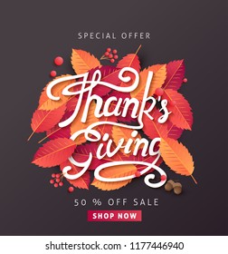 calligraphy of Thanksgiving day banner. Autumn Seasonal lettering.vector illustration