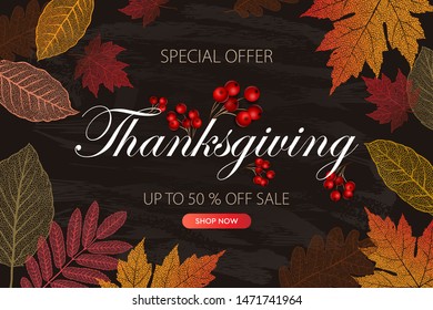 Calligraphy of Thanksgiving day sale banner. Seasonal lettering, vector illustration 