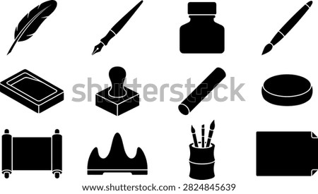 Calligraphy tools and handwriting art supplies black icon set for traditional penmanship and lettering vector illustration