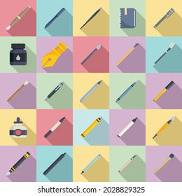 Calligraphy tools icons set flat vector. Paint nib. Lettering kit