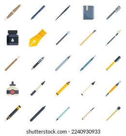 Calligraphy tools icons set flat vector. Paint nib. Lettering kit isolated