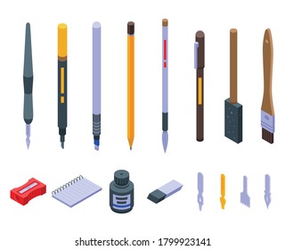 Calligraphy tools icons set. Isometric set of calligraphy tools vector icons for web design isolated on white background