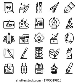 Calligraphy tools icons set. Outline set of calligraphy tools vector icons for web design isolated on white background