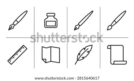 Calligraphy tools line icon set with dip pen
