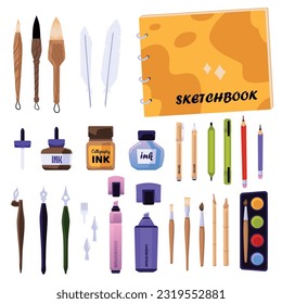 Calligraphy tools set, flat vector illustration isolated on white background. Equipment for hand lettering and art - brushes, sketchbook, ink bottles, pens and pencils, quills and nibs.