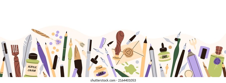 Calligraphy tools, supplies border. Ad banner design with art accessories for creative handwriting class promotion. Hand writing stationery background. Flat vector illustration isolated on white