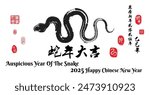 Calligraphy  Translation: 2025 year of the snake brings propitious and auspicious, Left side stamp image translation: Everything is going smoothly and Right side translation:  year of snake 2025.