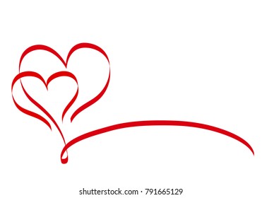 Calligraphy Two Red Heart Ribbon on White, Vector Stock Illustration