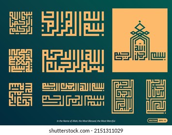 Vector de caligrafía de 10 diseños de "Bismillah-Hir-Rahman-Nir-Rahim" en la bella escritura kufic, y su traducción al inglés; "En el nombre de Alá, el Más Bendecido, el Más Misericordioso". EPS 10