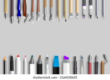 Calligraphy vector. Banner frame realistic 3d design with quill pen, pencil, brush, marker highlighter for writing practice. Advertisement and promotion concept