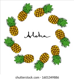 Calligraphy vector coloured pineapple round frame in original colours with Aloha for cards, posters, banners, motivated phrases