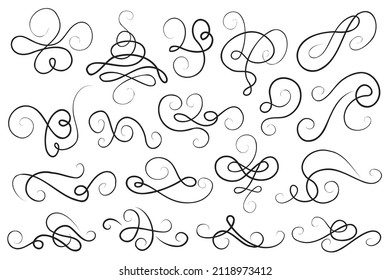 Calligraphy vector decorative design elements collection. Set of linear curves and curls. Black thin line swirls and twirls.