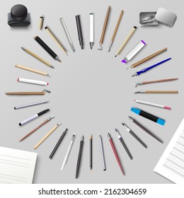 Calligraphy vector. Round frame from writing tools illustration. Quill pen with nibs kit, fountain pen, pencil, brush and artbook for writing practice realistic design