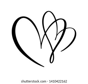 Calligraphy vector two Heart love sign. Romantic Hand drawn icon of valentine day. Concepn symbol for t-shirt, greeting card, poster wedding. Design flat element illustration