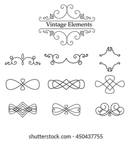 Calligraphy vintage elements design. Classic vector vintage elements decoration label retro design. Ornament scroll vintage elements calligraphy decorative card typographic swirl set.