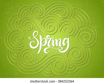 Calligraphy vintage text - spring, label on a light green background with line pattern. Modern calligraphy brush lettering. Vector card or poster design with unique 