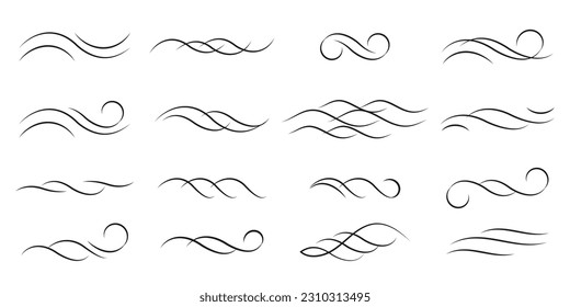 
Calligraphy wavy lines. Decorative sea swashes for text. Swoosh curve strokes. Vintage letterring ornaments. Swirl underline isolated on white background. Vector illustration.