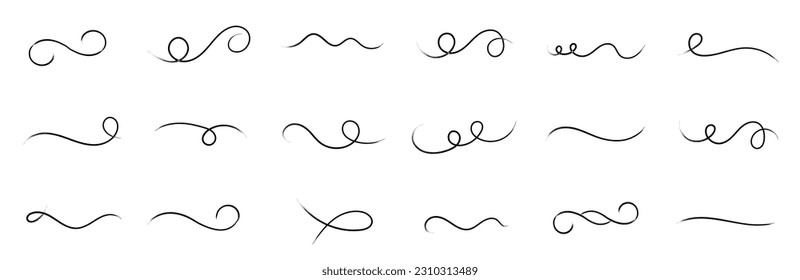 Calligraphy wavy lines. Decorative swashes for text. Swoosh curve strokes. Vintage letterring ornaments. Swirl underline isolated on white background. Vector illustration.