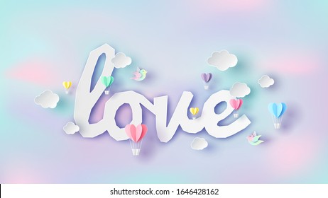 Calligraphy word of love floating on rainbow sky with hot air balloons and birds flying on sky. Happy Valentine's day. paper cut and craft style. vector, illustration.