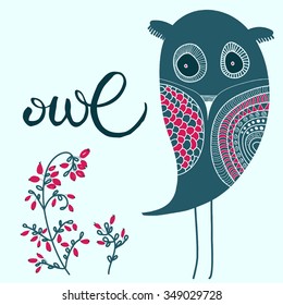 Calligraphy word Owl and sketched owl with branch of barberry