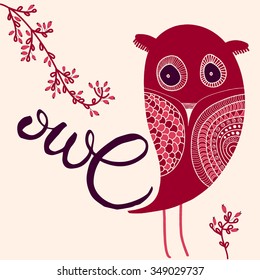 Calligraphy word Owl and sketched owl with branch of barberry