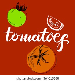 Calligraphy word tomatoes and sketched tomatoes