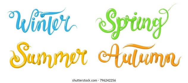 Calligraphy with the words Winter, Spring, Summer, Autumn. Hand drawn lettering in 3d style for calendar. Vector illustration, isolated on white background.