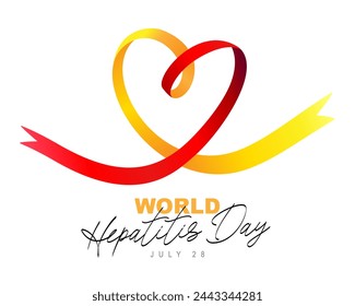 Calligraphy - World Hepatitis Day, July 28. Red and yellow ribbon of awareness folded in the shape of a heart. Inflammatory liver disease. Vector illustration on a white background.