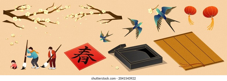 Calligraphy writing set for CNY. Brush, inkstick, paper, and inkstone from the Four Treasure of Chinese calligraphy with plants and birds 