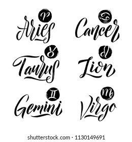 Calligraphy Zodiac Signs Set. Hand drawn horoscope astrology symbols, letterings grunge texture design, vector illustration white background.