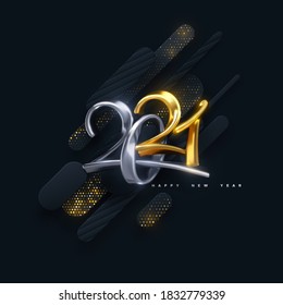 Calligtaphic numbers 2021. Holiday vector illustration. Golden and silver characters. Modern 3d calligraphy on black papercut background with glitters. Happy New 2021 Year. Festive sign design.